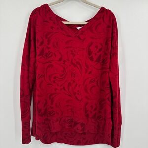 Athleta Red Floral‎ Print Long Sleeve V Neck Sweatshirt Athleisure Women's L